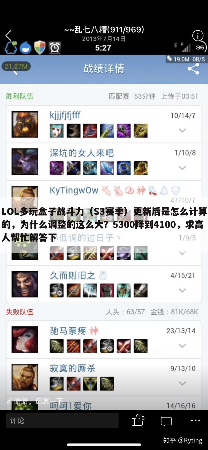LOL多玩盒子战斗力(S3赛季)更新后是怎么计算的,为什么调整的这么大?5300降到4100,求高人帮忙解答下