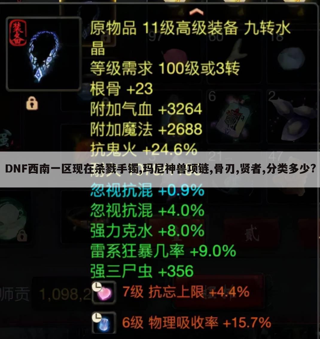 DNF西南一区现在杀戮手镯,玛尼神兽项链,骨刃,贤者,分类多少?