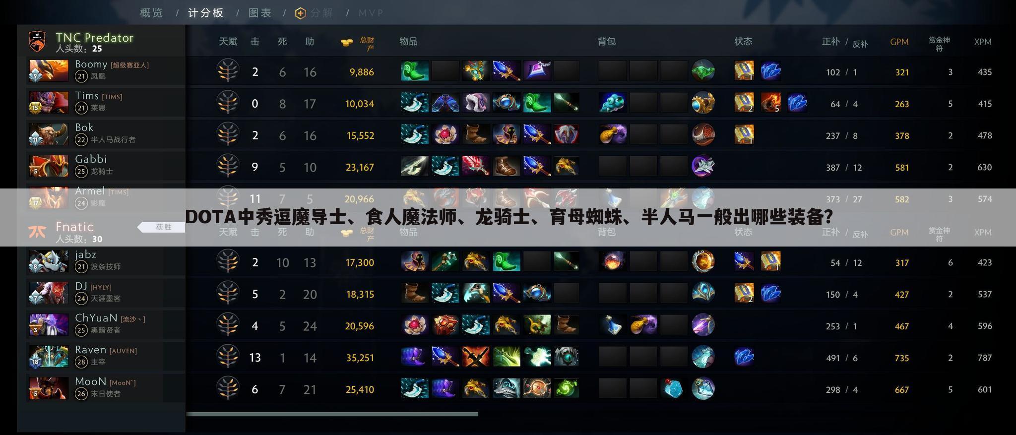 DOTA中秀逗魔导士、食人魔法师、龙骑士、育母蜘蛛、半人马一般出哪些装备?